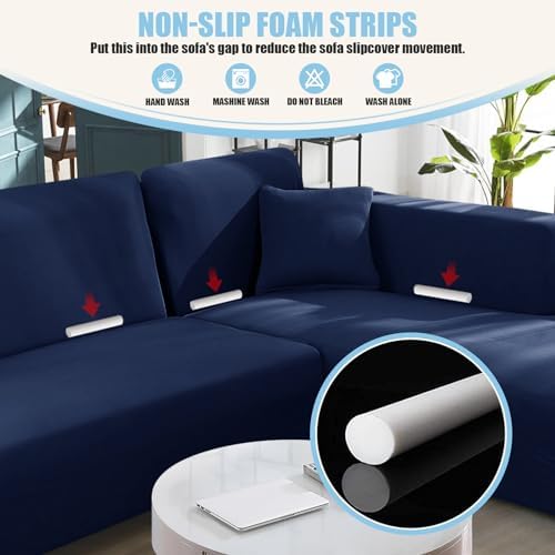KinCam Sectional Couch Covers Stretch L Shape Sofa Covers, Dark Blue - Image 4