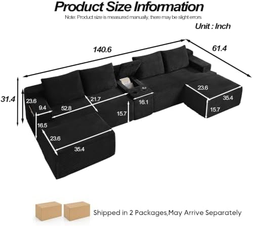 141" Oversized U Shaped Cloud Sectional Boneless Corduroy Sofa Couch - Image 2