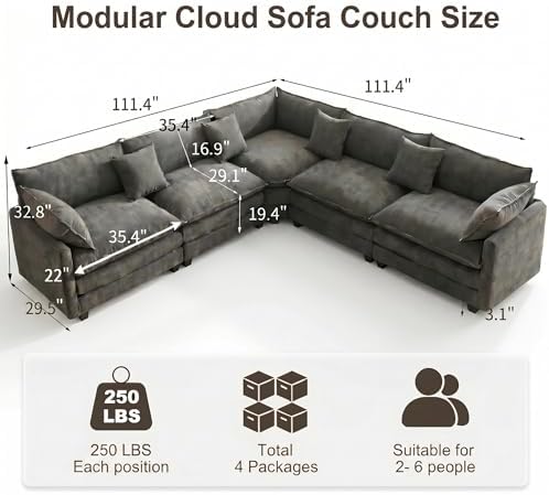 111.4" V-Shaped 5-Seat Sectional Cloud Couch, Chenille Soft Set - Image 2