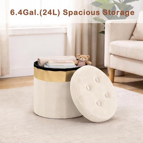 xuperbonus Small Ottoman with Storage, Folding Round Ottoman with Gold Trim - Image 4