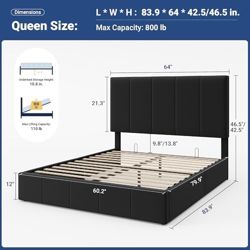 Allewie Queen Size Velvet Lift Up Hydrualic Storage Bed Frame - Image 2