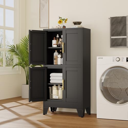 47” Black Metal Bathroom Storage Cabinet, Kitchen Pantry Cabinet by RISTERN