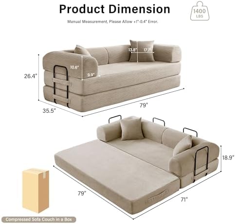 79" Convertible Sofa Bed, Boneless Sleeper Futon Couch - Image 3