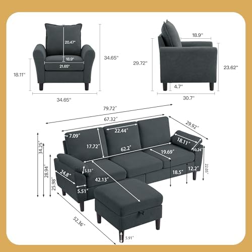 Convertible Sectional Sofa Set, Linen Upholstered 3 Seat Sofa and 35" Accent - Image 2