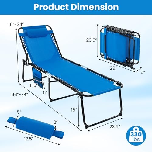 GYMAX Lounge Chairs for Outside, Extra High Folding Beach Tanning Lounger - Image 3