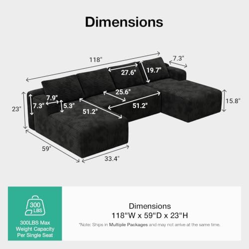 Novilla 118'' U-Shape Modular Sectional Sofa, Corduroy Black - Image 2