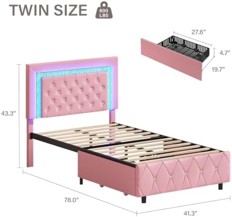 BarnFurin Twin Bed Frame with LED Lights and Diamond Tufted Headboard - Image 2