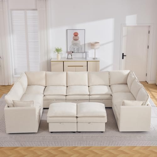 130" Beige Oversized Modular Storage Sofa, U Shaped Chenille Cloud Couch by Abbrevi