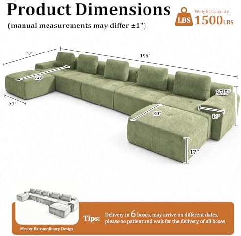 196" U Shaped Oversized Boneless Couch, Comfort Cloud Sectional Couches - Image 2