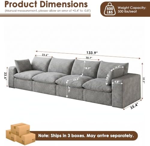 134" Cloud Couch Modular Sectional Sofa, Oversized L-Shaped 4 Seater Deep Seat - Image 2
