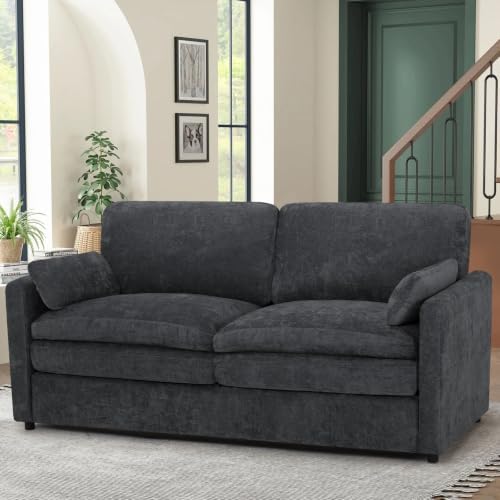 69” Chenille Love seat Sofa w/Arm Pillows, Dark Grey by ACMEASE