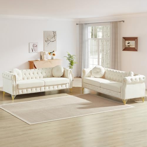 JEEOHEY 2 Pieces Mid Century Modern Chesterfield Sofa Set, Upholstered Button by JEEOHEY