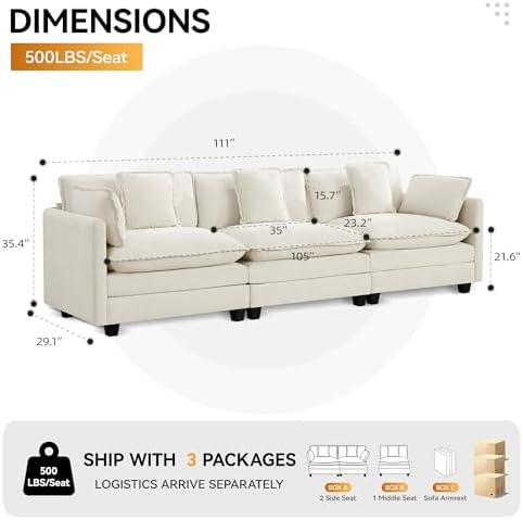 111'' Sectional Cloud Deep Seat Couch, Modern Comfy Chenille Modular Sectional - Image 2