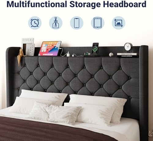 Allewie Queen Bed Frame, Storage Headboard & Charging Station, Dark Gray - Image 4