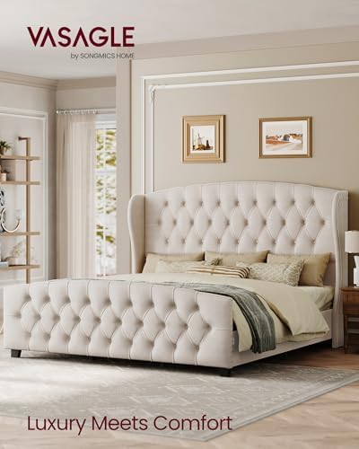 VASAGLE King Platform Bed Frame, Upholstered, Wooden Slats - Image 3