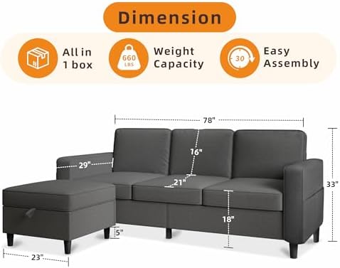 78" Dark Gray L Shaped Sectional Sofa Couch - Image 2