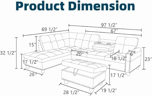 Leather L-Shaped Couch Set, 97.5"L x 69.5"W Sectional Sofas Brown - Image 2