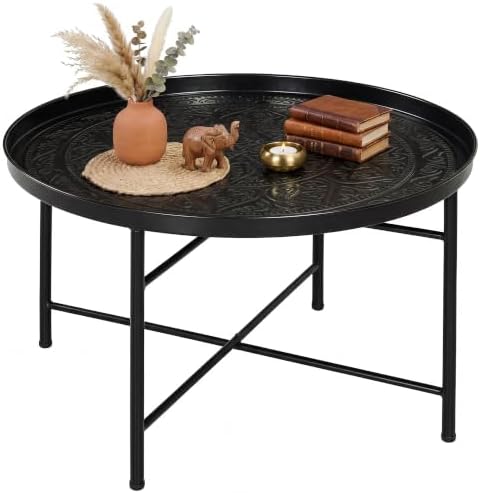 HOMCOM 24" Hammered Round Coffee Table Vintage Metal Side Table Black by HOMCOM