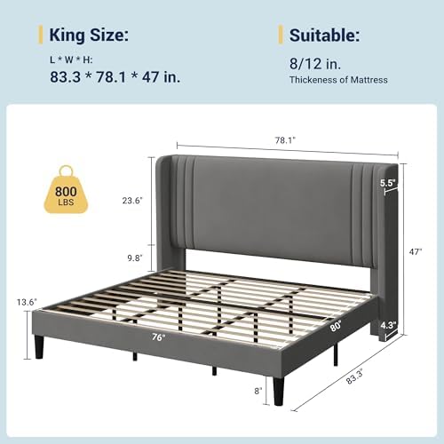 Allewie King Size Velvet Platform Bed Frame, Tall Wingback Headboard - Image 2