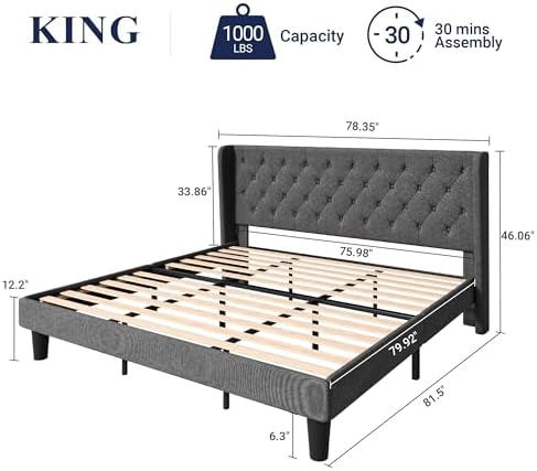 Allewie King Bed Frame with Button Tufted Wingback Headboard, Dark Grey - Image 2