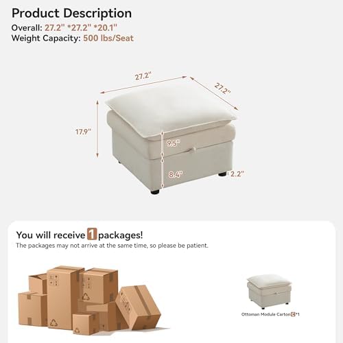 27" Large Square Ottoman with Storage, Modern Upholstered Footrest with - Image 2