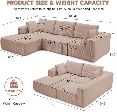 108" Boneless Couch with Chaise, Cloud Sectional Modular Sofa - Image 3