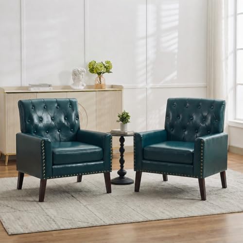 Mid Century Modern Accent Chair Set of 2, Forest Green Faux Leather Office Chair by Abbrevi