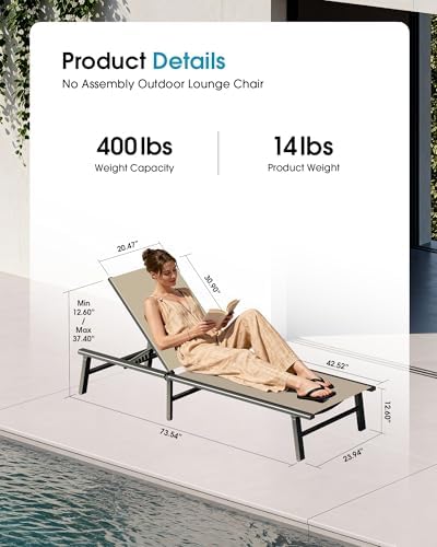 Ciokea Foldable Outdoor Lounge Chair Set of 2, No Assembly Aluminum Chaise - Image 2