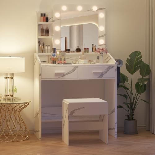 Vanity Desk with Power Outlet, Makeup Vanity with Large Mirror and LED Lights - Image 7