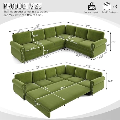 118" Chenille L-Shaped Pull-Out Chesterfield Sleeper Sofa, Grass Green - Image 2