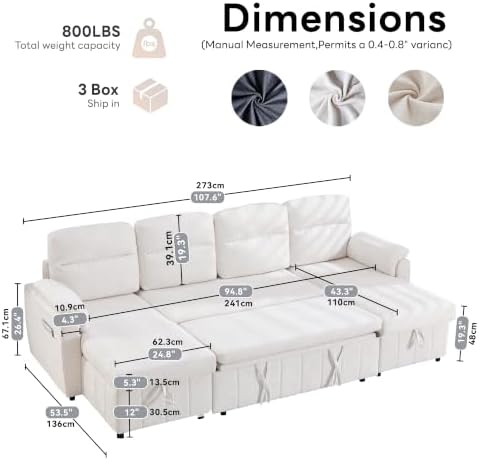 Tbfit 107" Pull Out Sofa, Cloud Sleeper Sofa Bed - Image 2