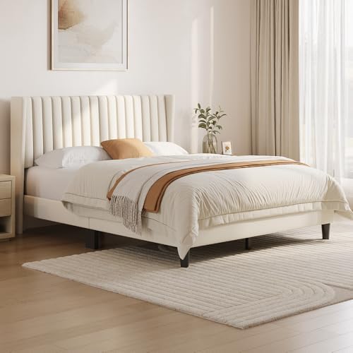 Yaheetech Queen Bed Frame with Headboard, Ivory Channel-Tufted Platform - Image 3