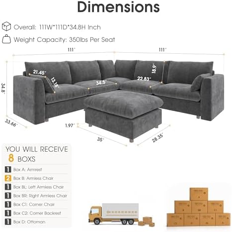 WorthFurni Modular Sectional Sofa, Ovwersized 111" V Shape Modular Sectional - Image 2