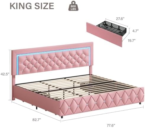 Pink King Size Bed Frame with LED Lights and Diamond Tufted Headboard - Image 2