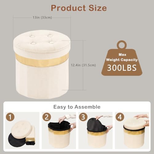 xuperbonus Small Ottoman with Storage, Folding Round Ottoman with Gold Trim - Image 3
