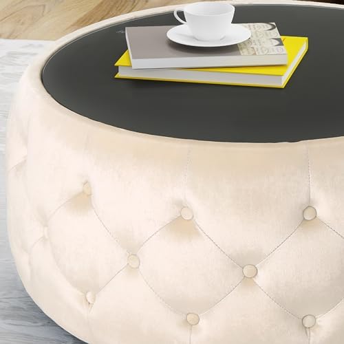 30" Round Velvet Ottoman Coffee Table, Button Tufted Coffee Table - Image 3