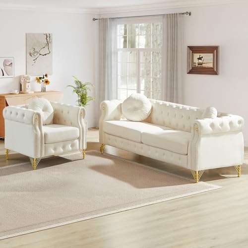 JEEOHEY 2 Pieces Mid Century Modern Chesterfield Sofa Set, Upholstered Button by JEEOHEY