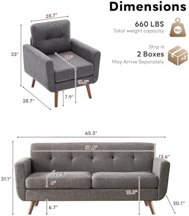 Tbfit Mid Century Modern Sofa Couch, Loveseat & Accent Chair - Image 2