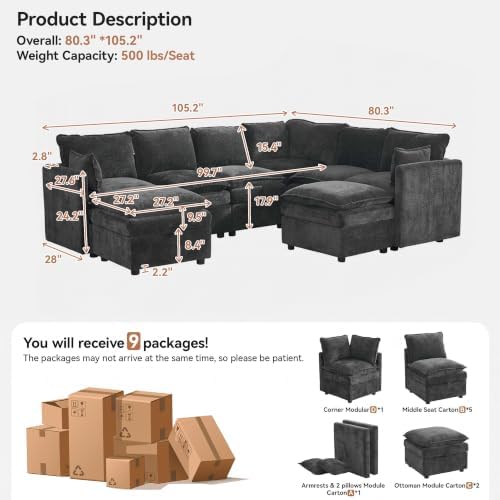 105" Dark Grey Modular Storage Sofa, U Shaped Chenille Couch - Image 2
