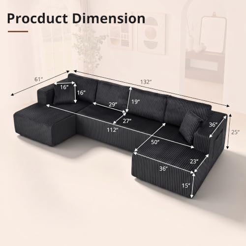 Skepphlay 132" U Shaped Couch, Boneless Sectional Couches - Image 2