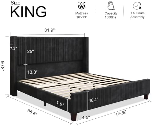 HOWE King Size Bed Frame with 50.8 Inch Corduroy Wingback Headboard - Image 2