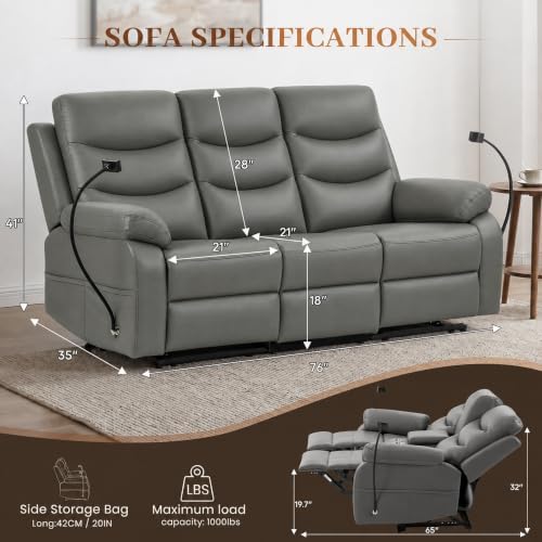 Faux Leather Manual Reclining Sofa, Recliner Sofa 3 Seater - Image 2