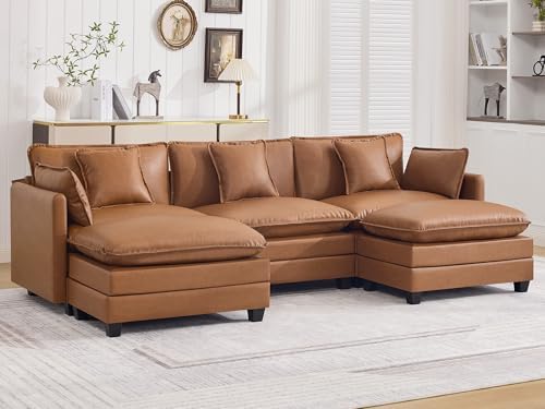 111'' Sectional Cloud Deep Seat Couch, Oversized Leather U Shaped Sectional Sofa by WUTUTUEE