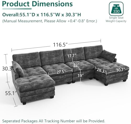 116.5" Modular Sectional Cloud Couch, U Shaped Tufted Sofa - Image 2