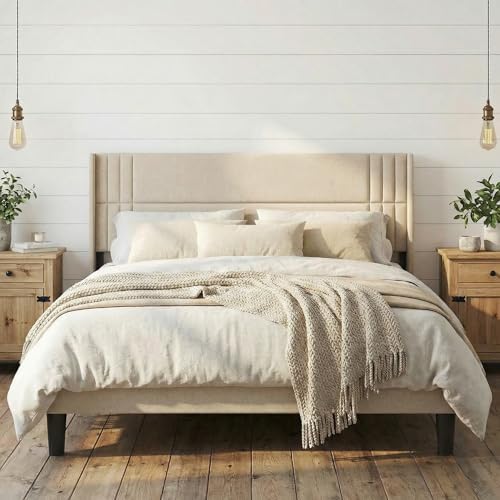 Gizoon King Bed Frame with Wingback Headboard, Upholstered Platform Bed by Gizoon