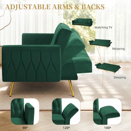 70” Velvet Futon Sofa Bed w/Adjustable Armrests - Image 3