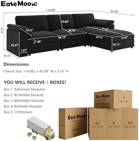 EASE MOOSE Black Sectional Modular deep seat Sofa, L Shape Sectional Couch - Image 2