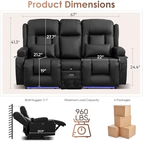 TUNYI Wall Hugger Loveseat Recliner Sofa - Image 2