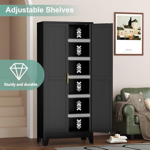 Metal Pantry Cabinet with 2 Doors and 5 Adjustable Shelves, Versatile Storage - Image 5