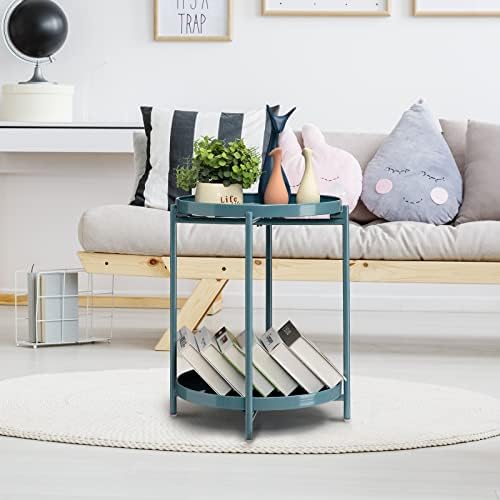 TeoKJ 2 Tier Round Side Table, Folding Round Metal End Table Small Nightstand - Image 5